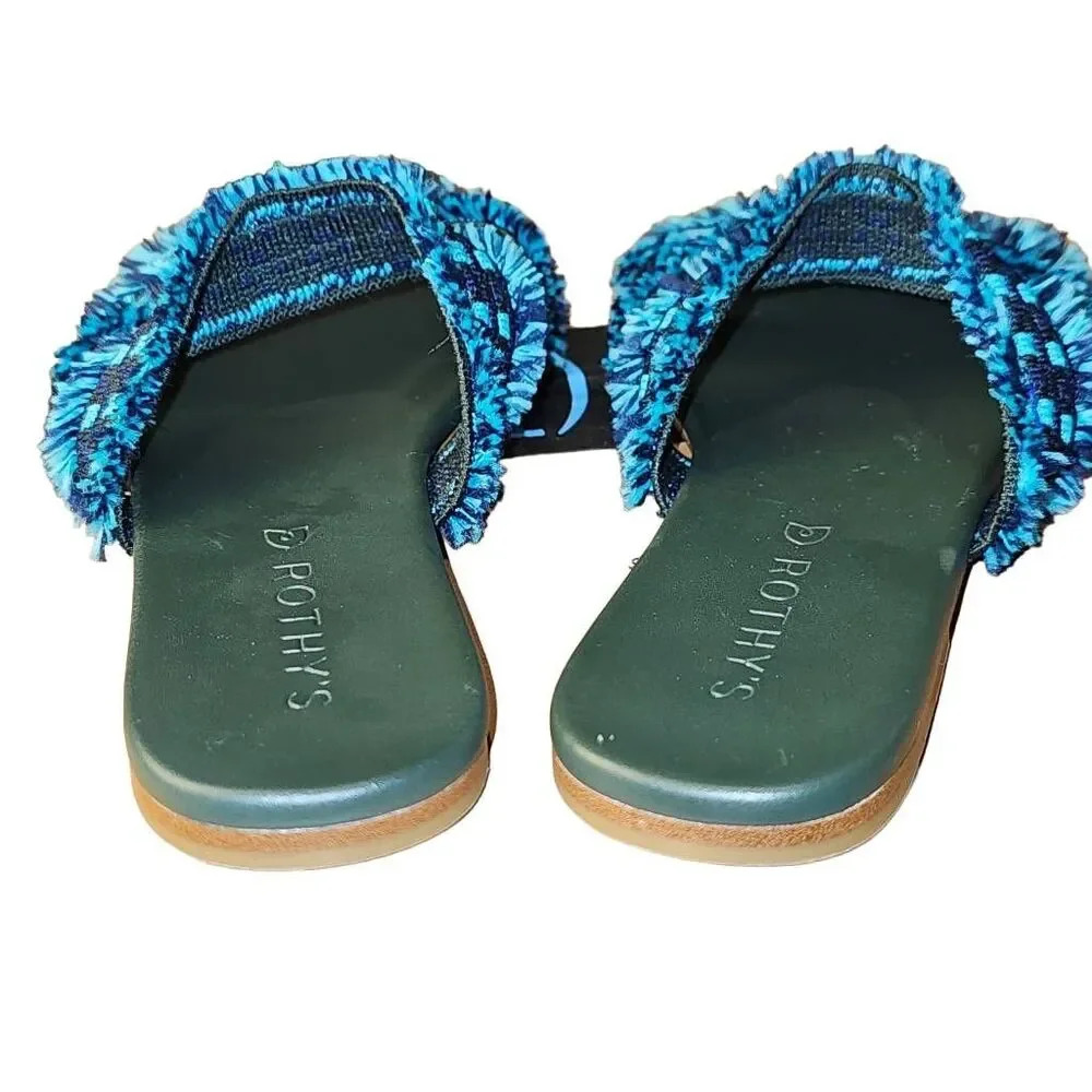 Rothy's Womens Blue Fringe Triple Fabric Strap Slide‎ On Flat Sandals 6 - Picture 5 of 7